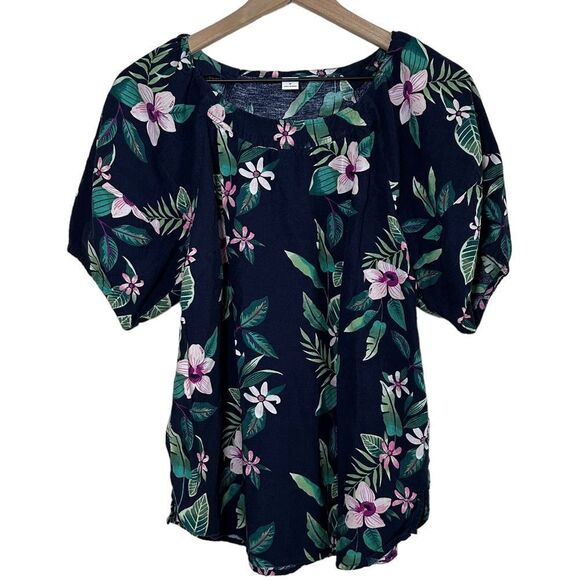 Old Navy | Navy Blue Floral Tropical Print Short Sleeve Blouse Women’s Large - Picture 3 of 8